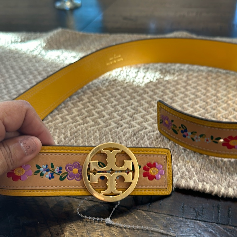 Tory Burch Yellow Floral Leather Belt with Gold Logo Buckle